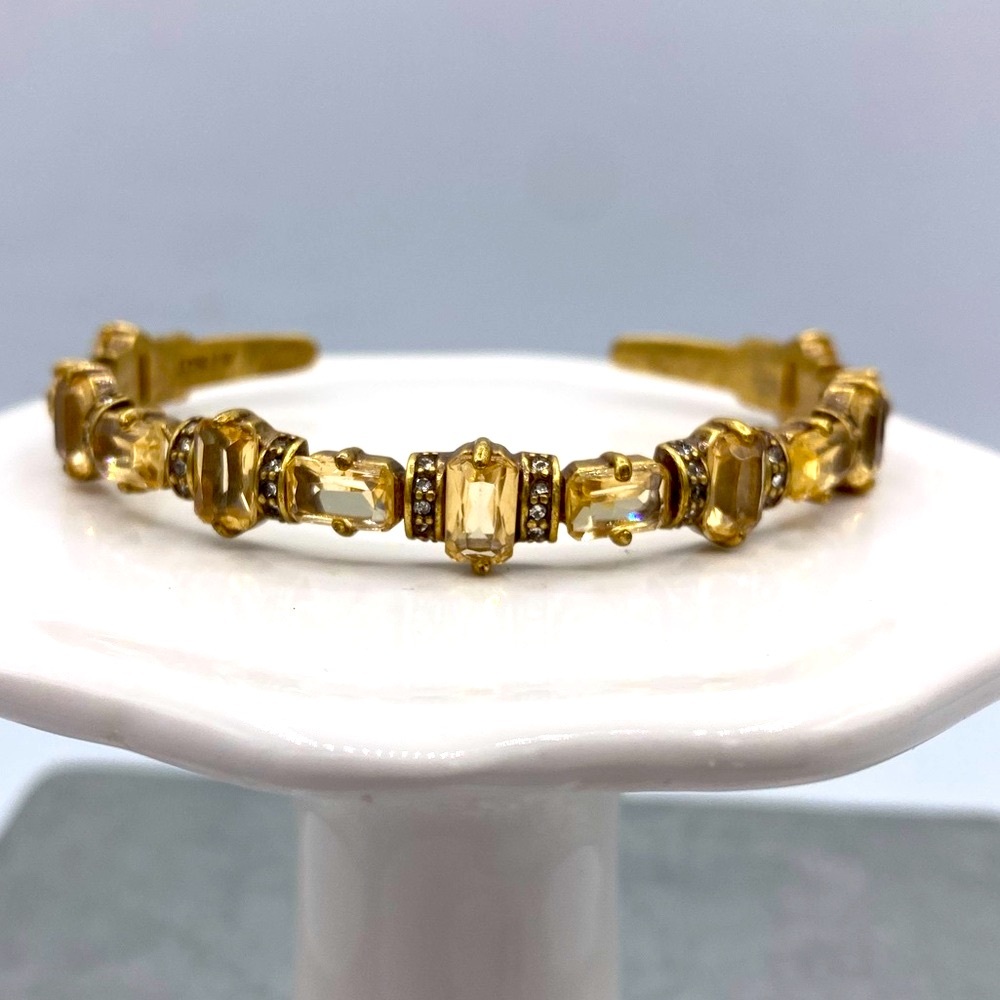 J. Crew Gold/Brass Tone Dainty Cuff Bracelet Clear Rhinestones & Yellow Stones
